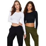 Trendyol - Twoaw22Bz0331 - Aansluitende Cropped Geribbelde Stretchgebreide Blouse - Zwart-Wit