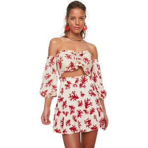 TRENDYOL Vrouw gebloemd geweven stof tweedelige set, wit, 38