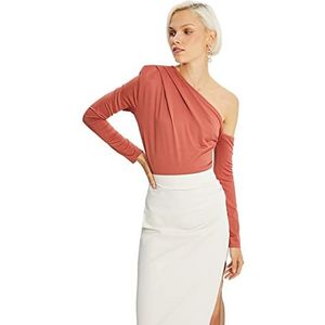 TRENDYOL Dames sweatshirt voor dames, gedrapeerd, gedetailleerd, gebreid, eenvoudig, gerimpeld, gedrapeerd, gedetailleerde middelste bodysuit, Kaneel, XS