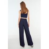 Trendyol - Twoss22Pl0100 - Geweven Broek - Marineblauw - Hoge Taille - Wijde Pijpen