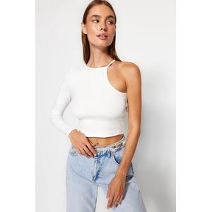 Trendyol - Geribbelde Blouse - Bruin - Aansluitend - Ronde Hals - Elastische Gebreide Stof