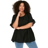 TRENDYOL - Oversized Blouse - Zwart - Plus-Size - Ronde Hals - Geweven Stof