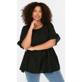 TRENDYOL - Oversized Blouse - Zwart - Plus-Size - Ronde Hals - Geweven Stof