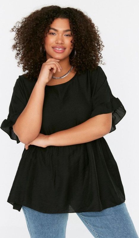 TRENDYOL - Oversized Blouse - Zwart - Plus-Size - Ronde Hals - Geweven Stof