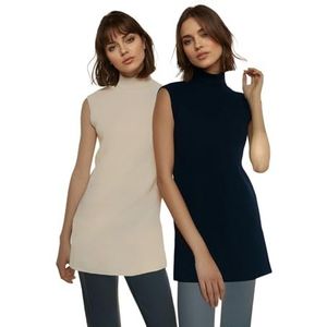 Trendyol Vrouwen bescheiden getailleerde basic staande kraag gebreide bescheiden tunieken, Donkerblauw-steen, M