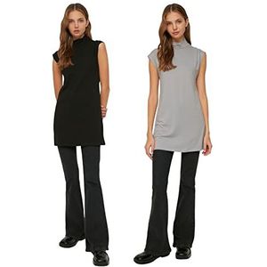 Trendyol Dames bescheiden getailleerde Basic staande kraag gebreide bescheiden tunieken, Zwart-grijs, M