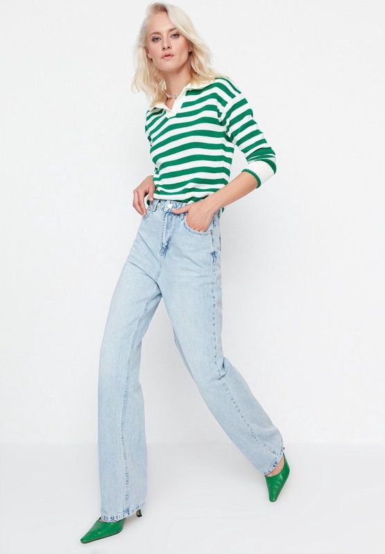 Trendyol - Twoss22Je0242 - Hoge Taille Wijde Pijp Jeans - Blauw