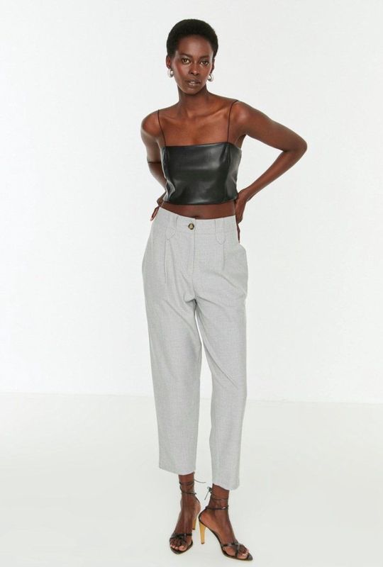 Trendyol - Basics - Damesbroek - Grijs - Hoge Taille - Rechte Pasvorm