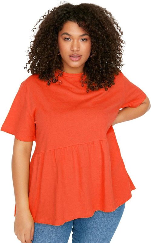 Trendyol - Relaxed Basic Crew Neck Knit T-shirt - Oranje - Plus Size