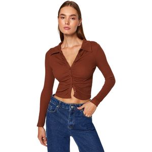 Trendyol Rode Geribbelde En Geplooide Crop Gebreide Blouse