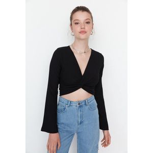 Trendyol Chemisier tricoté pour femme coupe ajustée asymétrique col en V, Noir, XL