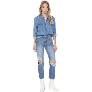 Trendyol Vrouwen Hoge Taille Rechte Been Rechte Jeans, Blue, 66