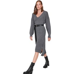 Trendyol - Dames Jurk - Knielang - V-hals - Grijs - Tricot