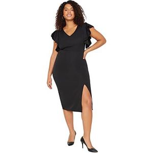 Trendyol Zwarte V-Hals, Lichaam-Gladmakende Geweven Mouwen, Ruches En Splitjurk Tbbss22Ah00042