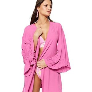 Trendyol Standaard mouw Basis Mini Geweven Vliegwiel Kimono & Kaftan met Roze Riem TBESS21KM0002