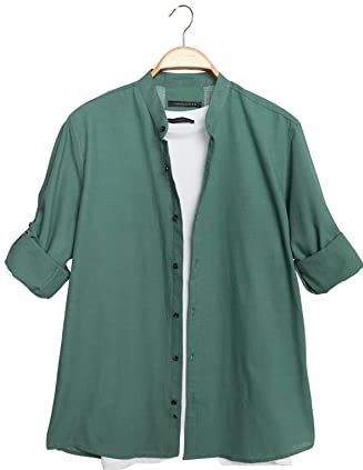 Trendyol Heren rechte lange mouwen slank overhemd, dark green, M