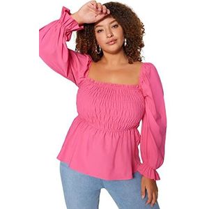 Trendyol Vrouw getailleerde basic sweetheart geweven plus size blouse, roze,50, roze, 48 grote maten
