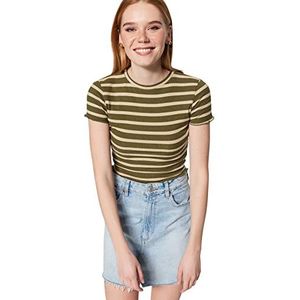 Trendyol Kaki Gestreepte Baby-Overlock-Gedetailleerd Cropped Geribbelde Gebreide Blouse Twoss23Bz00506