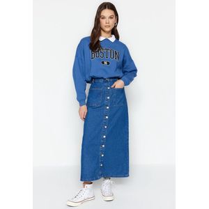 Trendyol Donkere Indigo Dubbele Zak Knoopsluiting Voorkant Hoge Taille Maxi Denim Jeans Rok Tctss23Ee00002