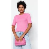 Trendyol - Geribbelde Blouse - Grijs - Elastische Gebreide Blouse Met Ronde Hals