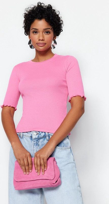 Trendyol - Geribbelde Blouse - Grijs - Elastische Gebreide Blouse Met Ronde Hals