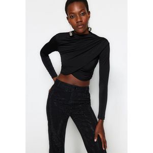 Trendyol Zwarte Gedrapeerde Crop Blouse Met Hoge Kraag Twoaw24Bz00164