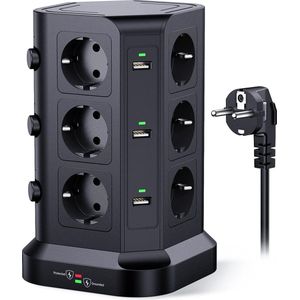 Intelectro Stekkerdoos StekkerToren - Jouw All-in-One Energiehub voor Onbeperkte Connectiviteit - 12 Stopcontacten - 6 USB Poorten - Aan/Uit Schakelaars - 2m Lange Snoer - Overbelastingsbeveiliging - 4000W - Zwart - Levering Sneller dan Aangegeven!