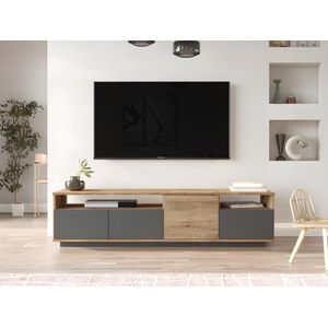 Tv-meubel met 4 deuren en 2 planken - Licht naturel en antraciet - CEDONA