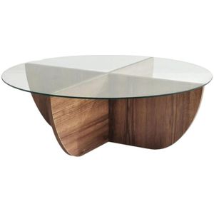 Salontafel half rond glas hout - walnoot - 90x30 cm - gehard glass - Retro - bijzettafel rond glas