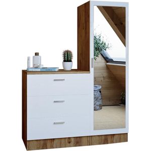 Kast met 3 lades en element met spiegel - Wit en houtlook - VITORIO L 100 cm x H 140 cm x D 47 cm