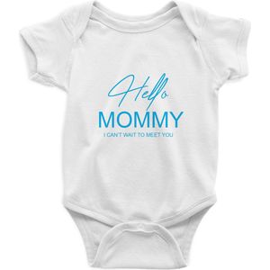 Hello Mommy Rompertje - Blauw Print , Maat S, 0-3 maanden, 50/56, go max, Korte Mouw, Nieuw Baby Cadeau, Zwangerschap , Aankondiging , Romper Baby Jongen Meisje