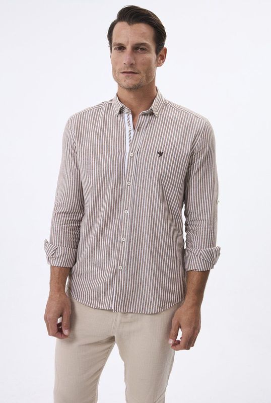Felix Hardy - Overhemd - Gestreept - Poplin Katoen Linnen - Lange Mouw - Bruin - 2XL