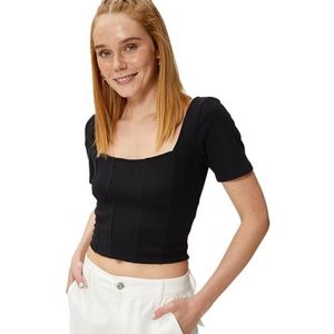 Koton Dames korset detail vierkante hals crop-T-shirt blouse, zwart (999), XL