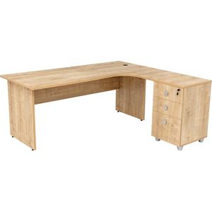 Dona Hoekbureau, houten onderstel, decor saffier eiken, 180x120x74 cm, hoekbureau met ladeblok, hoek naar rechts