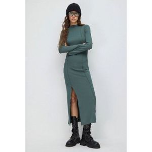 Geribbeld Detail Midi Jurk met Omgekeerd Stiksel