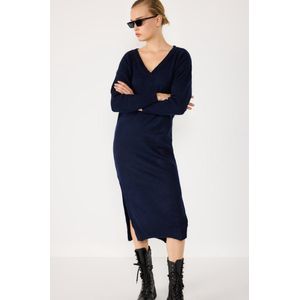 V-hals Lange Mouw Gebreide Midi Jurk