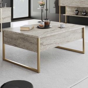 Hanah Home Elegante salontafel, travertijn en goud, 90 x 60 x 40 cm, 100% melamine, dikte 18 mm, robuuste metalen poten, modern marmerdesign