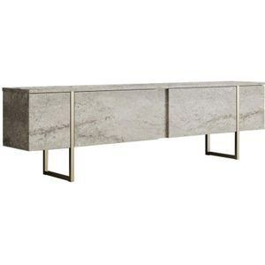 Tv-meubel met 2 deurtjes - Beige travertijnlook en goudkleurig - ZIRELDA