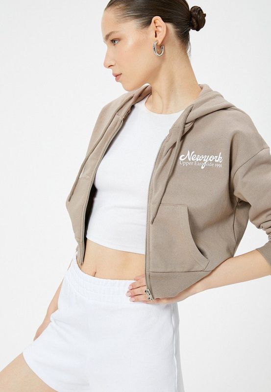 Koton - Sweatvest - Bruin/Wit - Met Capuchon - Normale Pasvorm