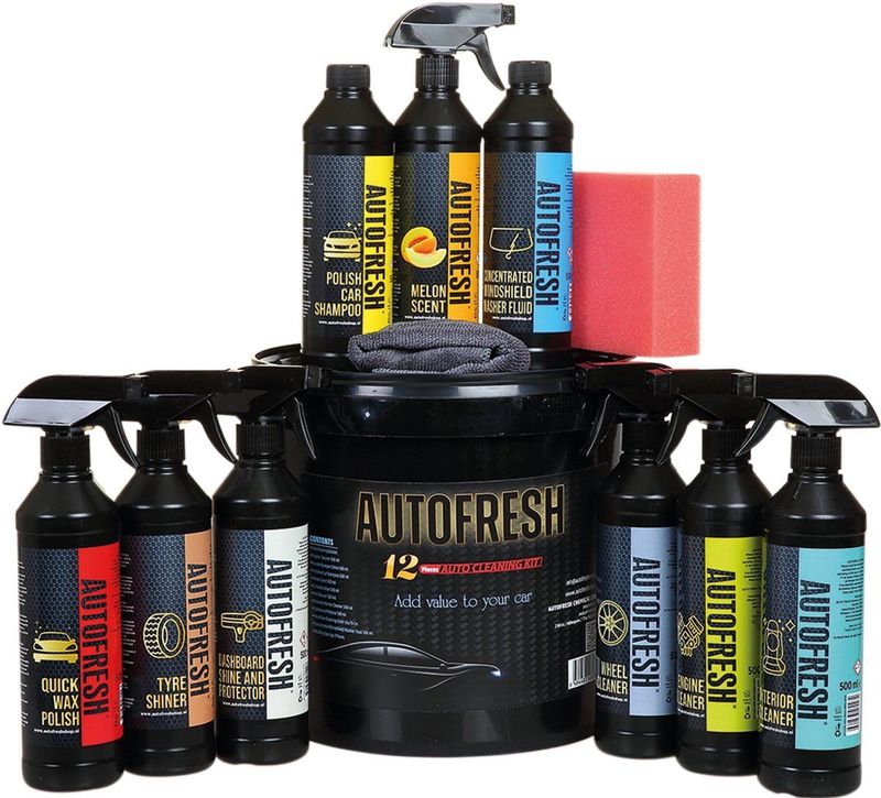 AutoFresh - Luxe Autoreinigingsset - 12-delig - Inclusief Polijstende Autosjampoo - Dashboard Glansspray