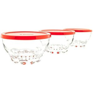 Pasabahce  - Glazen Kommetjes Met Rode Deksel - 105 mm - Set Van 3