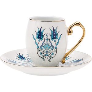 Karaca Iznik koffieservies voor 6 personen -12 stuks, Traditionele Turkse koffiekopjes set met schotels, espresso kopjes, mokka kopjes set gemaakt van porselein, cappuccino