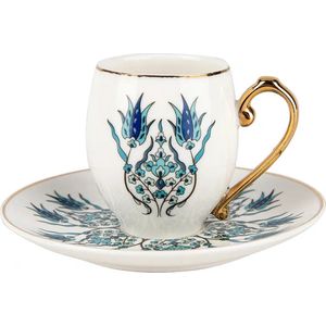 Karaca Iznik Koffieservies voor 2 personen, 2 espressokopjes en 2 schoteltjes, stevige mokka, dikke rand, porseleinen espressokopjes