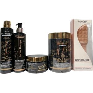 BraziliCious Honey & Caviar Botox 1kg & Brazilicious Honey Shampoo & Conditioner & masker 3x250ml & GRATIS MAX PRO BFF BRUSH