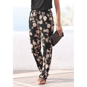 Lascana - Strandbroek - Zwart/oranje - Elastisch - Met All-over Bloemenprint en Zakken