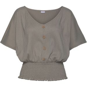 Kaki Blouseshirt - Korte Mouwen - V-hals - Ruimvallend - Gesmokte Zoom