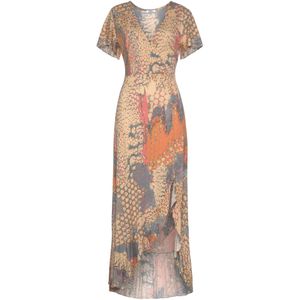 Jurkje - Oranje/Blauw - All-over Print - V-hals - Korte Mouwen - Volant Zoom