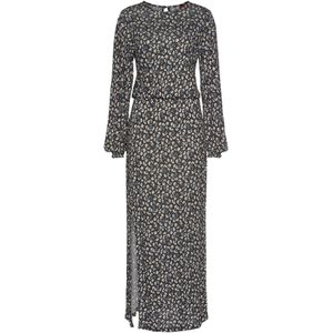 Zwart Gedessineerde Jurk - Bloemenprint - Lange Mouwen - Ronde Hals