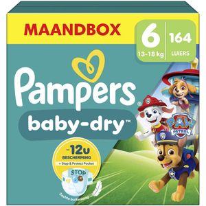 Pampers Baby-Dry Paw Patrol-editie Luiers, Maat 6, 164 Stuks, 13kg-18kg, Met Een Stop & Protect Pocket Om Lekken Aan De Achterkant Te Helpen Voorkomen, Maandbox