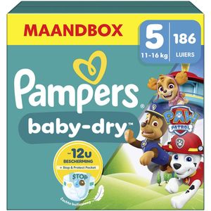 Pampers Baby-Dry - Paw Patrol-editie - Maat 5 (11kg-16kg) - 186 Luiers - Maandbox